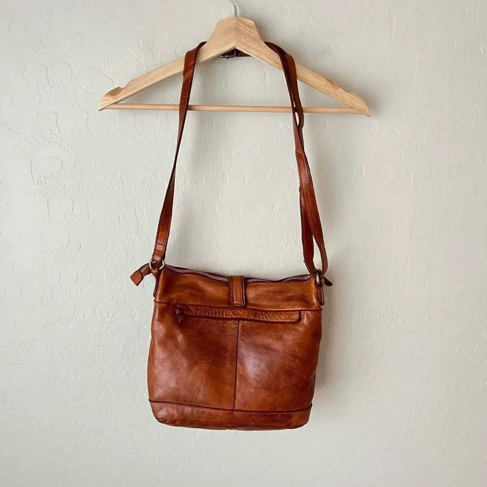 Vilenca Holland Perforated Leather Pattern Crossbody Tote Bag Tan